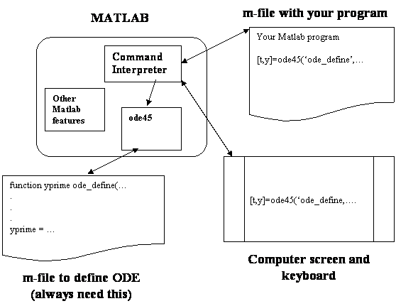 ode45 calls your rhsode function to evaluate the ODE at selected time values